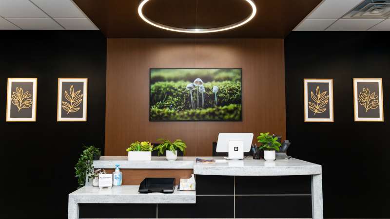 The modern front desk/reception area of the Therapeutic Massage Center with sleek black and wood design, potted plants, framed leaf art, a nature photo, and a circular ceiling light.