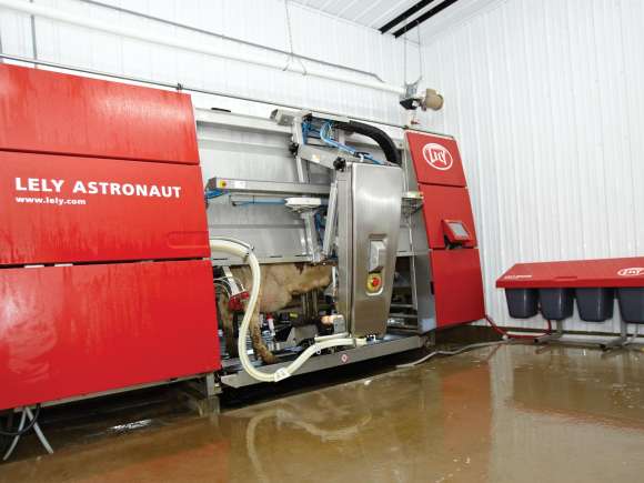 A large red milking machine sits in the corner of the shed. A cow is inside it being milked.