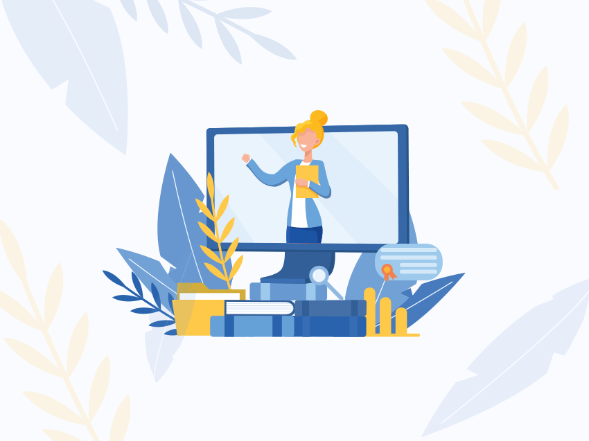 A teacher standing in a computer monitor with her head poking out the top and piles of books and foliage around her (illustration)
