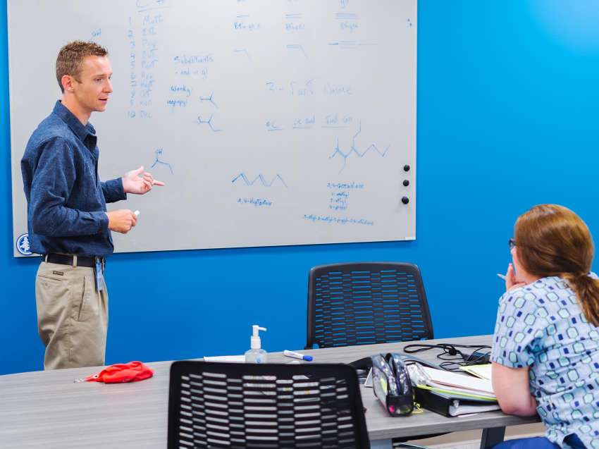 A tutor standing in front of a whiteboard with writing and diagrams on it explains a concept to a student who is sitting at a table.