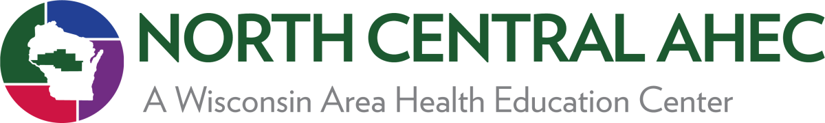 North Central AHEC logo: green uppercase text beside a purple-and-green circular swirl emblem, with smaller gray tagline Warren Area Health Education Center underneath.