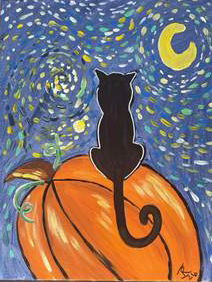 Example acrylic painting of a black cat sitting on an orange pumpkin under a swirling, Van Gogh-style starry night sky with a crescent moon.