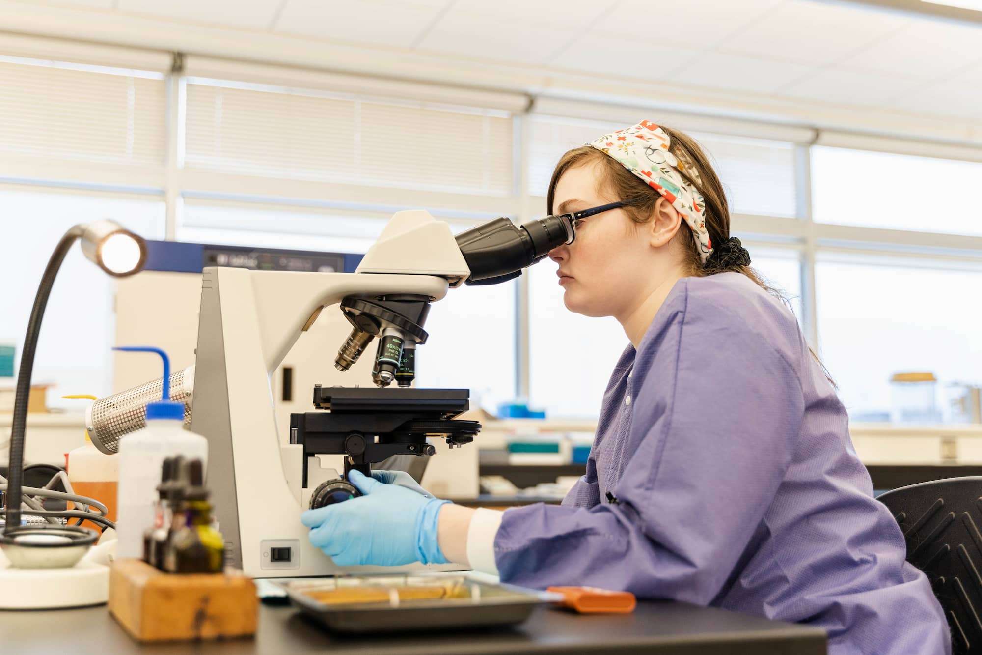 A student examines a sample under a microscope. 