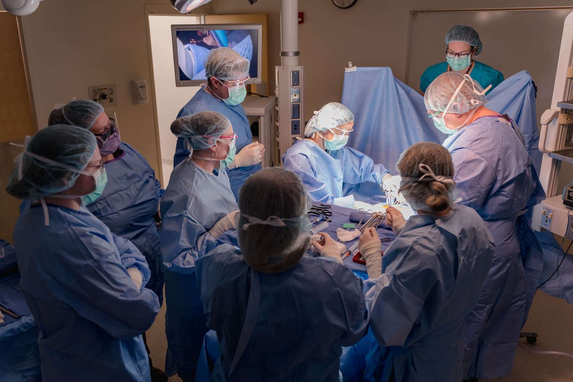 Nine students coordinate a procedure in a lab setting on NTC campus.