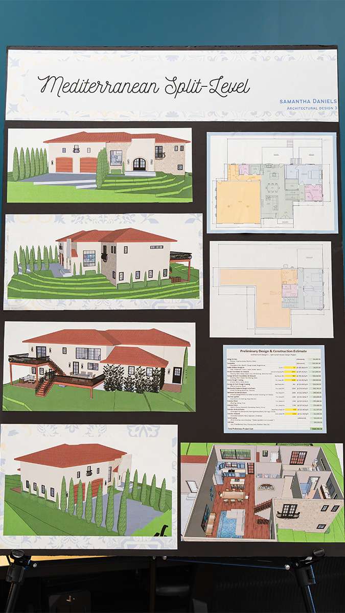 Mediterranean split-level house design with renderings, floor plans, and cost estimates by Samantha Daniels.